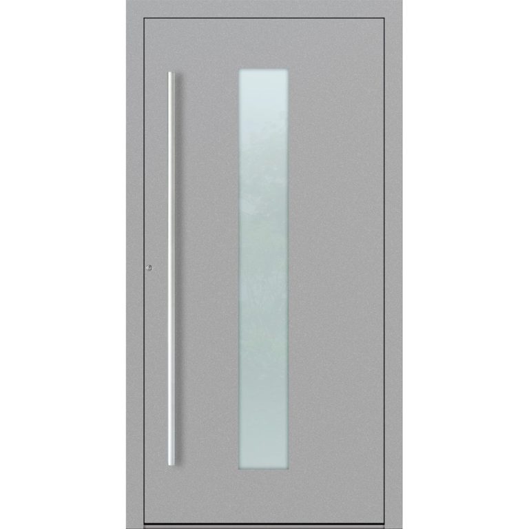 Aluminiumhaustür Feldmann und Mayer P90 und SL75 Design M15 in Grau mit Glaseinsatz und silbernem Griffset