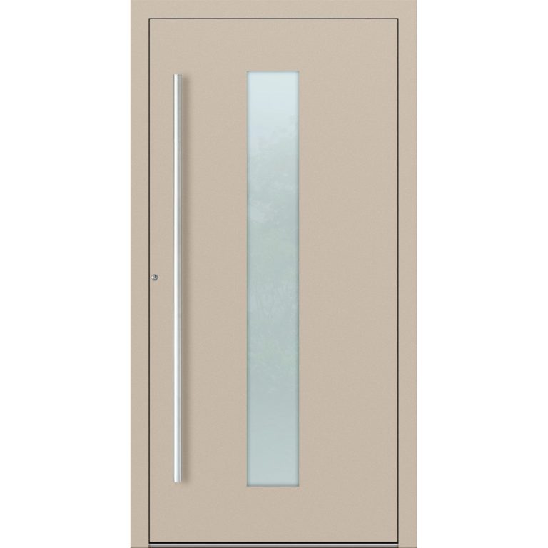 Aluminiumhaustür Feldmann und Mayer P90 und SL75 Design M15 in Elfenbein mit Glaseinsatz und silbernem Griffset