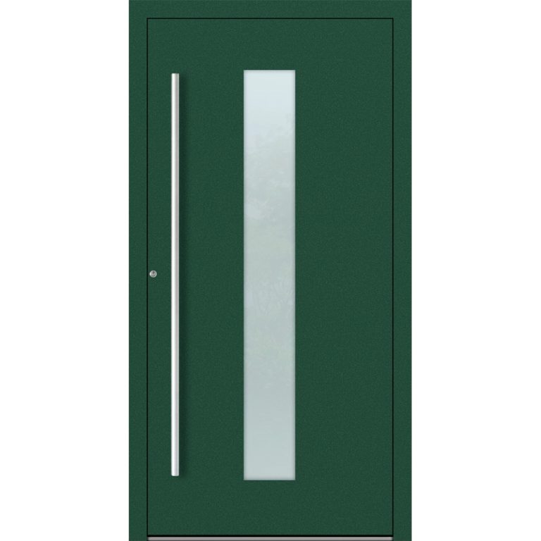 Aluminiumhaustür Feldmann und Mayer P90 und SL75 Design M15 in Moosgrün mit Glaseinsatz und silbernem Griffset