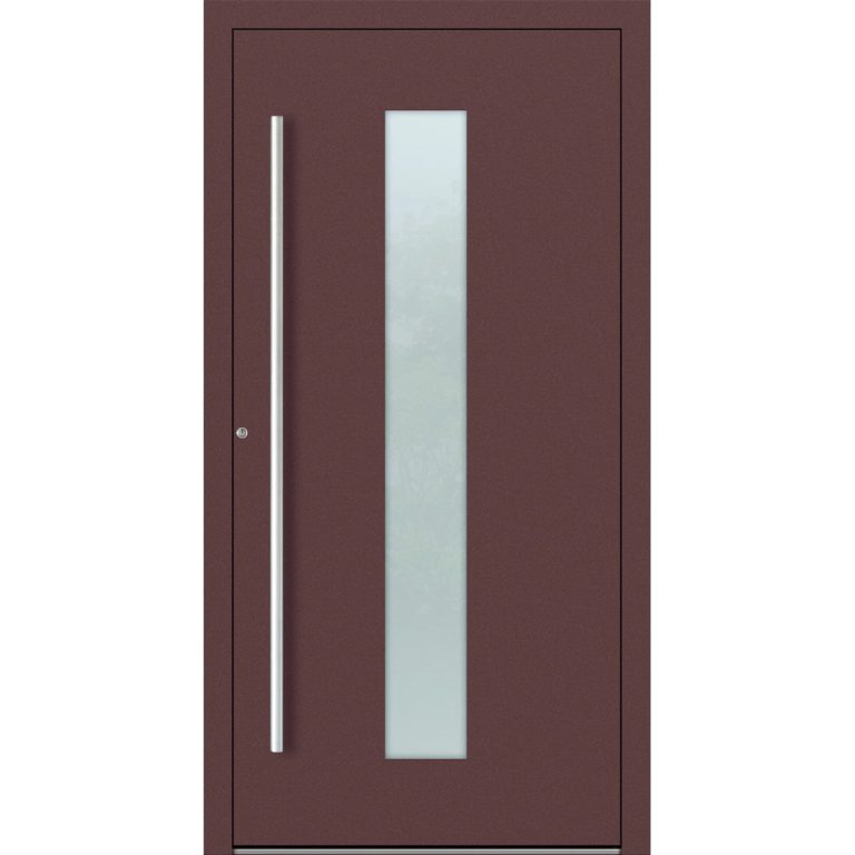 Aluminiumhaustür Feldmann und Mayer P90 und SL75 Design M15 in Rotbraun mit Glaseinsatz und silbernem Griffset