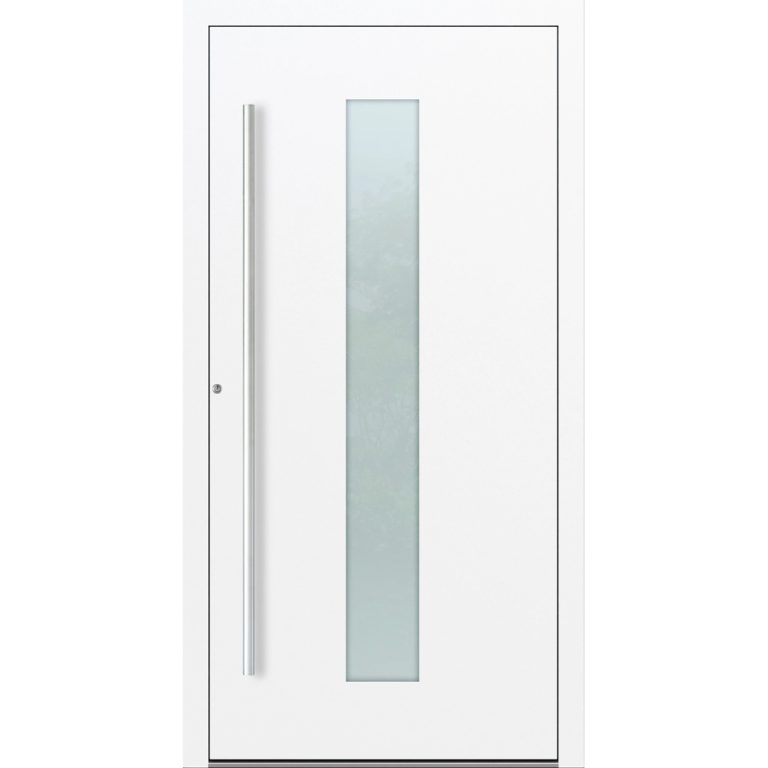 Aluminiumhaustür Feldmann und Mayer P90 und SL75 Design M15 in Weiß mit Glaseinsatz und silbernem Griffset