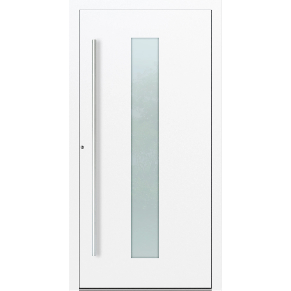 Aluminiumhaustür Feldmann und Mayer P90 und SL75 Design M15 in Weiß mit Glaseinsatz und silbernem Griffset