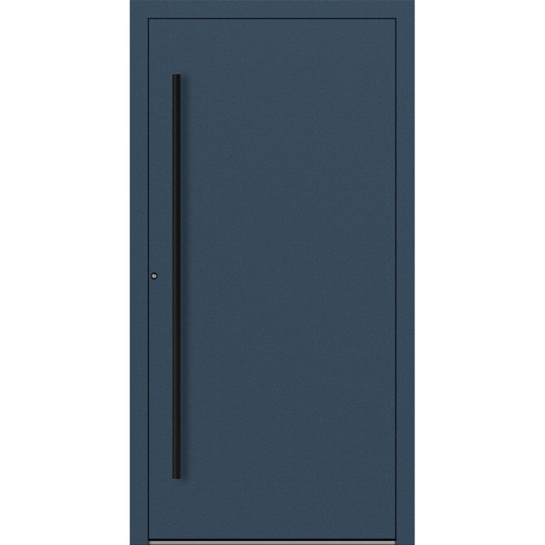 Aluminium-Haustür Feldmann und Mayer P90 und SL75 Design Blackline M20 in Dunkelblau mit schwarzen Griffen