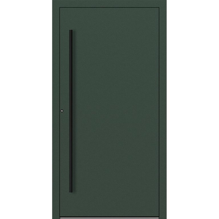 Aluminium-Haustür Feldmann und Mayer P90 und SL75 Design Blackline M20 in Tannengrün mit schwarzen Griffen