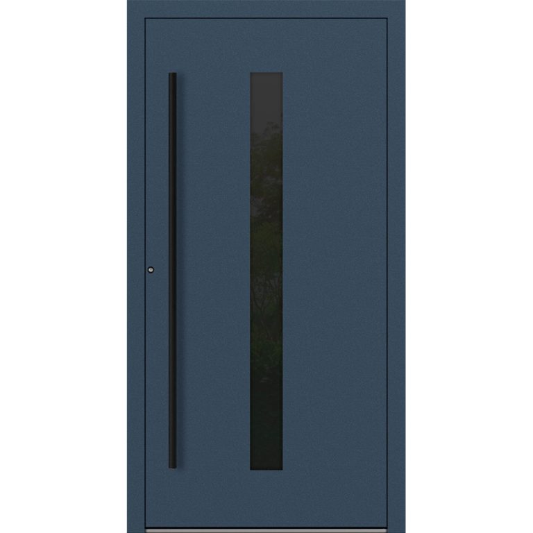 Aluminium-Haustür Feldmann und Mayer P90 und SL75 Design Blackline M21 in Dunkelblau mit GLaseinsatz und schwarzen Griffen