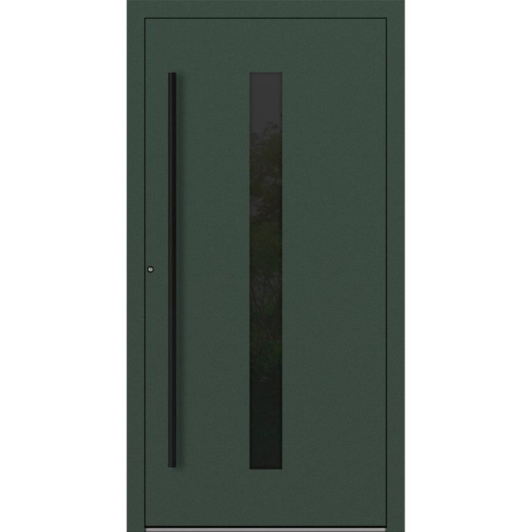 Aluminium-Haustür Feldmann und Mayer P90 und SL75 Design Blackline M21 in Tannengrün mit GLaseinsatz und schwarzen Griffen