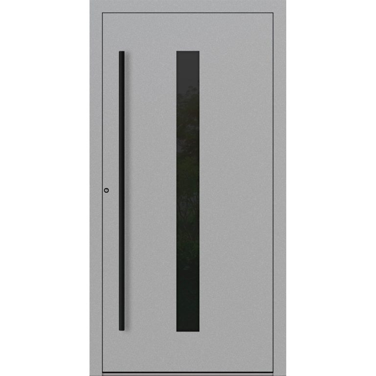 Aluminium-Haustür Feldmann und Mayer P90 und SL75 Design Blackline M21 in Grau mit GLaseinsatz und schwarzen Griffen