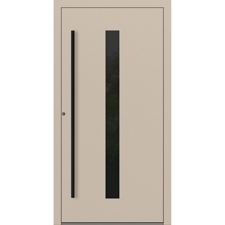 Aluminium-Haustür Feldmann und Mayer P90 und SL75 Design Blackline M21 in Elfenbein mit GLaseinsatz und schwarzen Griffen