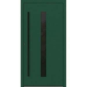 Porte d'entrée aluminium Feldmann et Mayer P90 et SL75 Design Blackline M21 en vert mousse avec insert en verre et poignées noires