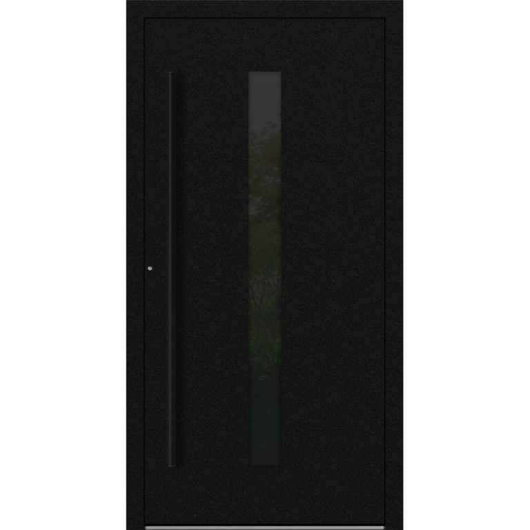Aluminium-Haustür Feldmann und Mayer P90 und SL75 Design Blackline M21 in Schwarz mit GLaseinsatz und schwarzen Griffen