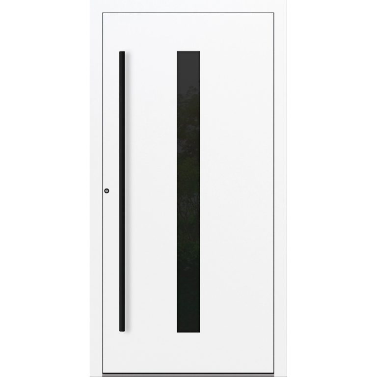 Aluminium-Haustür Feldmann und Mayer P90 und SL75 Design Blackline M21 in Weiß mit GLaseinsatz und schwarzen Griffen