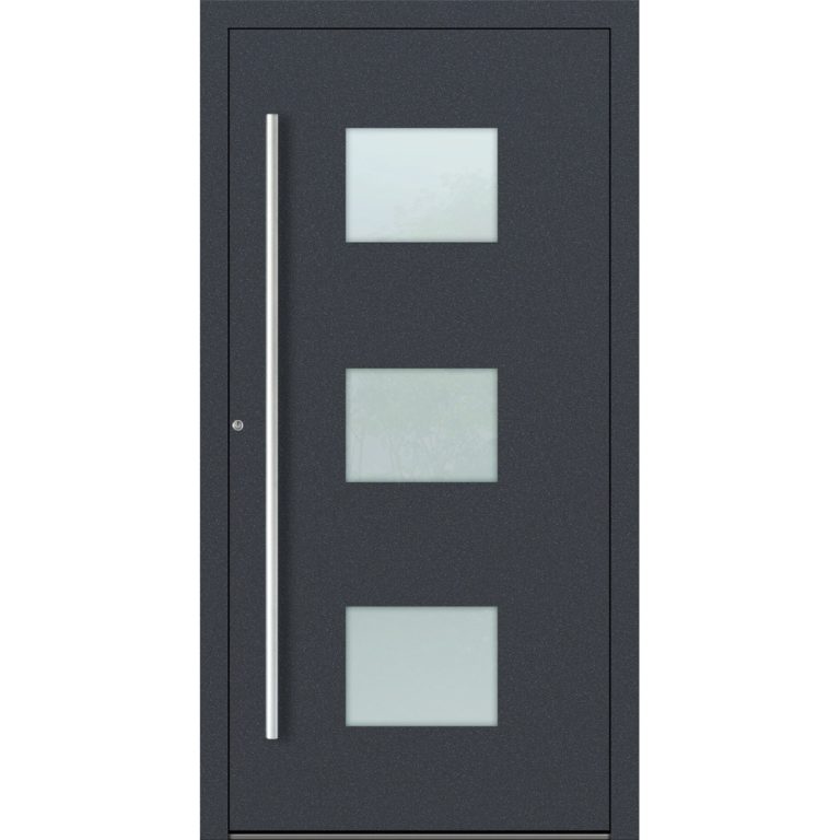 Aluminium-Haustür Feldmann und Mayer P90 und SL75 Design M210 in Anthrazit mit Glaseinsätzen und silbernen Griffen