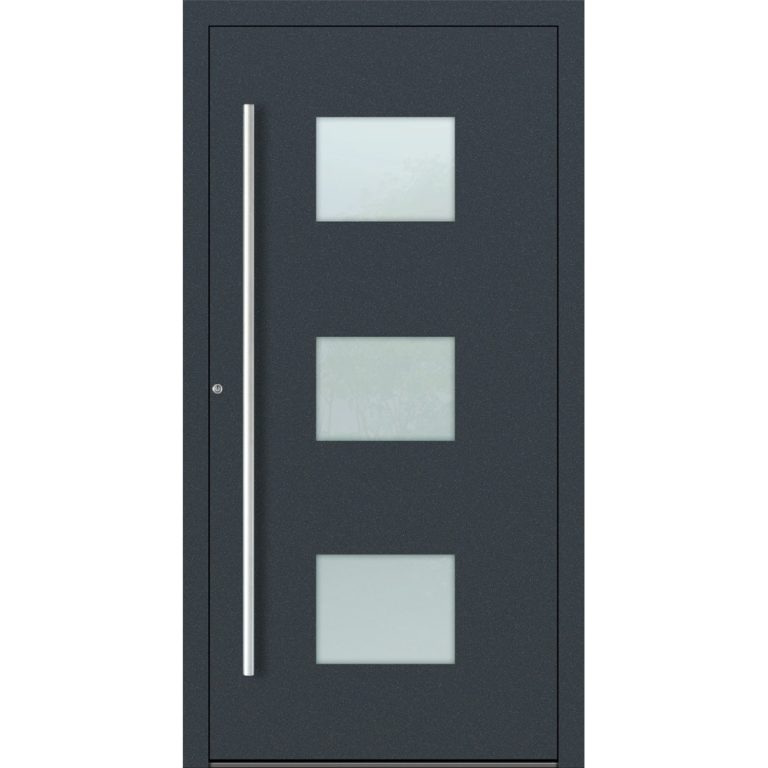 Aluminium-Haustür Feldmann und Mayer P90 und SL75 Design M210 in Anthrazit RAL7016 mit Glaseinsätzen und silbernen Griffen