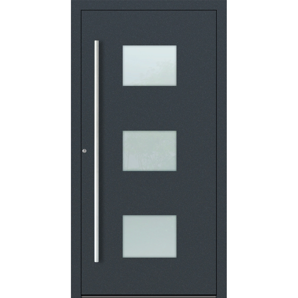 Aluminium-Haustür Feldmann und Mayer P90 und SL75 Design M210 in Anthrazit RAL7016 mit Glaseinsätzen und silbernen Griffen