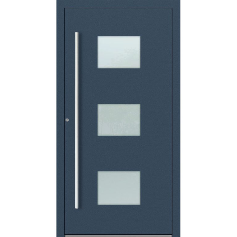 Aluminium-Haustür Feldmann und Mayer P90 und SL75 Design M210 in Dunkelblau mit Glaseinsätzen und silbernen Griffen