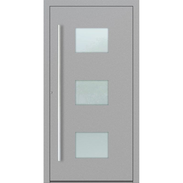 Aluminium-Haustür Feldmann und Mayer P90 und SL75 Design M210 in Grau mit Glaseinsätzen und silbernen Griffen