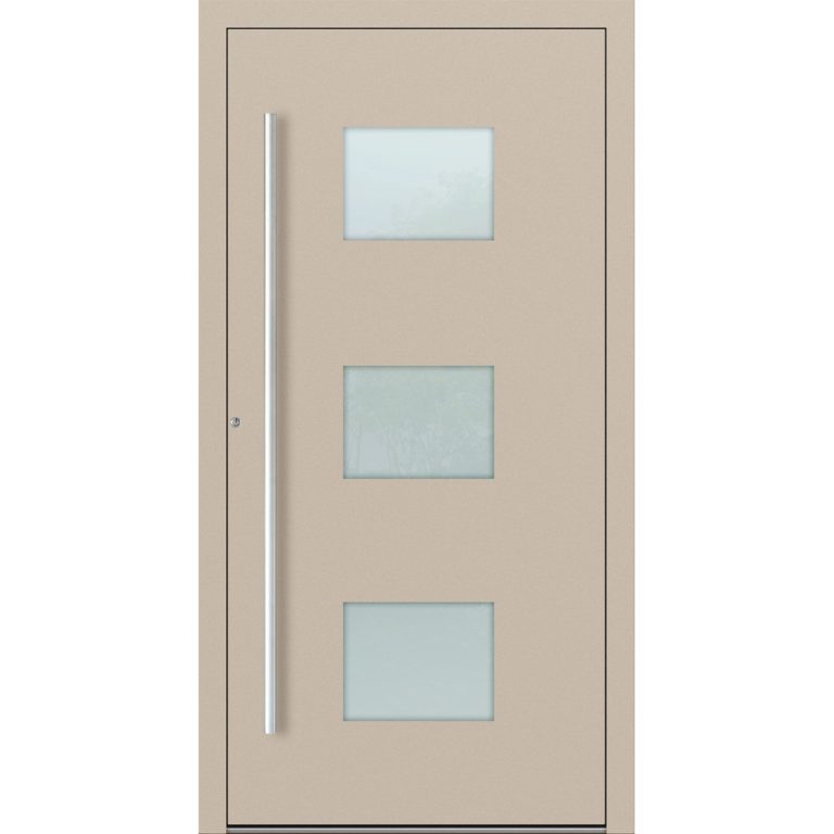 Aluminium-Haustür Feldmann und Mayer P90 und SL75 Design M210 in Elfenbein mit Glaseinsätzen und silbernen Griffen