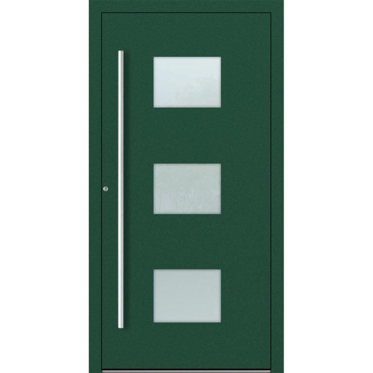 Aluminium-Haustür Feldmann und Mayer P90 und SL75 Design M210 in Mossgrün mit Glaseinsätzen und silbernen Griffen