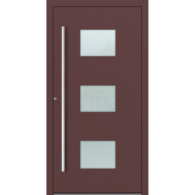 Aluminium-Haustür Feldmann und Mayer P90 und SL75 Design M210 in Rotbraun mit Glaseinsätzen und silbernen Griffen