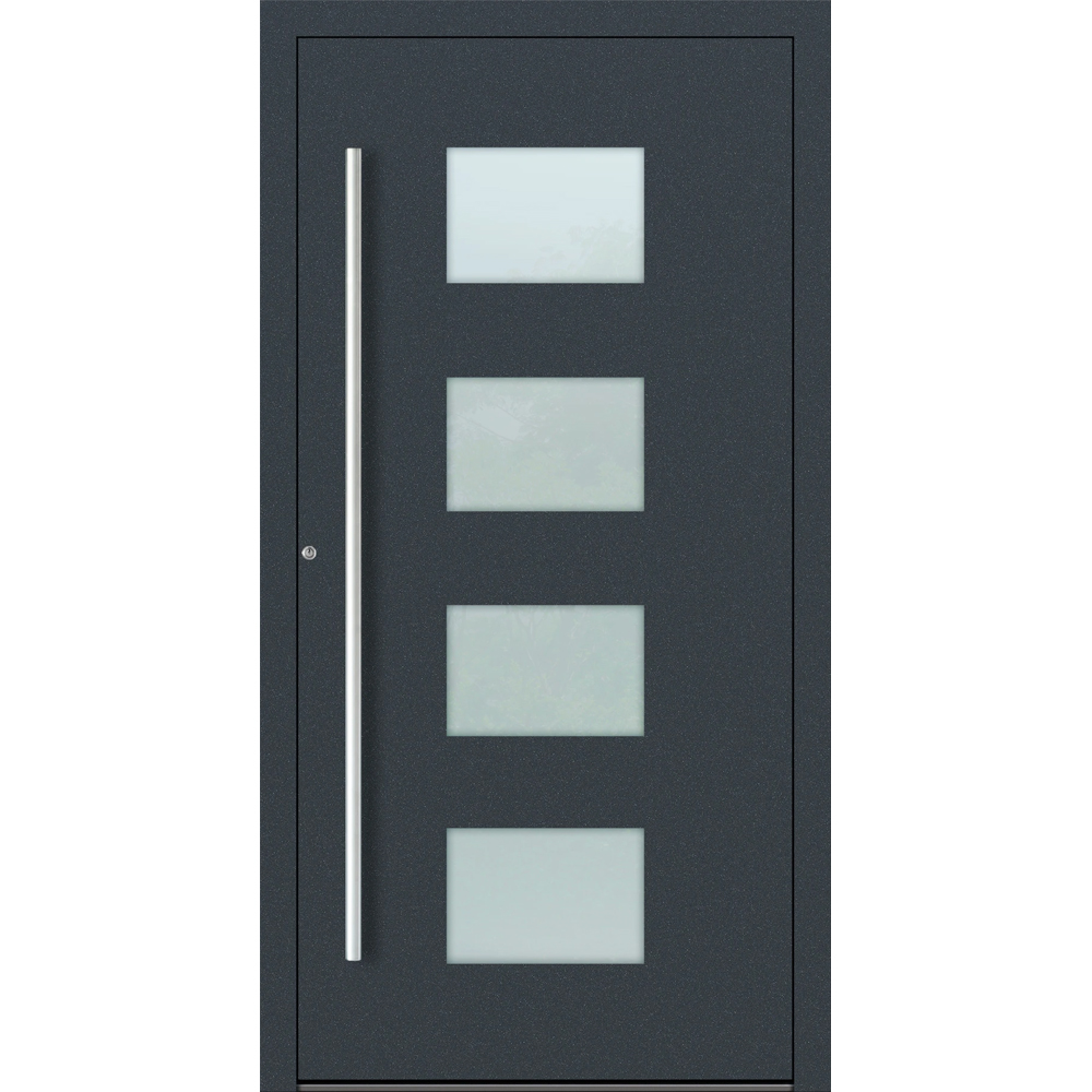 Aluminium-Haustür Feldmann und Mayer P90 und SL75 Design M211 in Anthrazit RAL7016 mit Glaseinsätzen und silbernen Griffen
