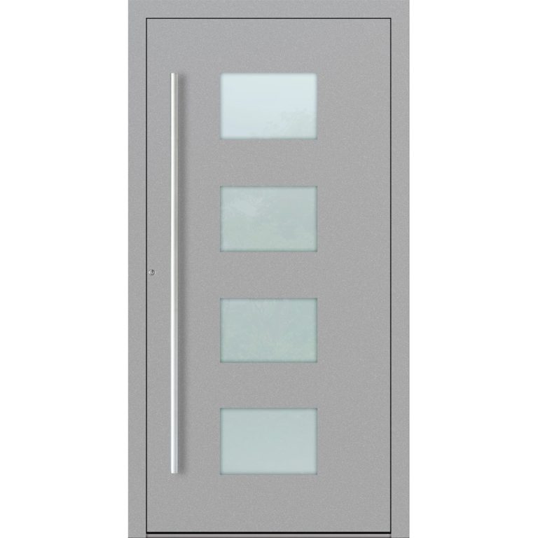 Aluminium-Haustür Feldmann und Mayer P90 und SL75 Design M211 in Grau mit Glaseinsätzen und silbernen Griffen