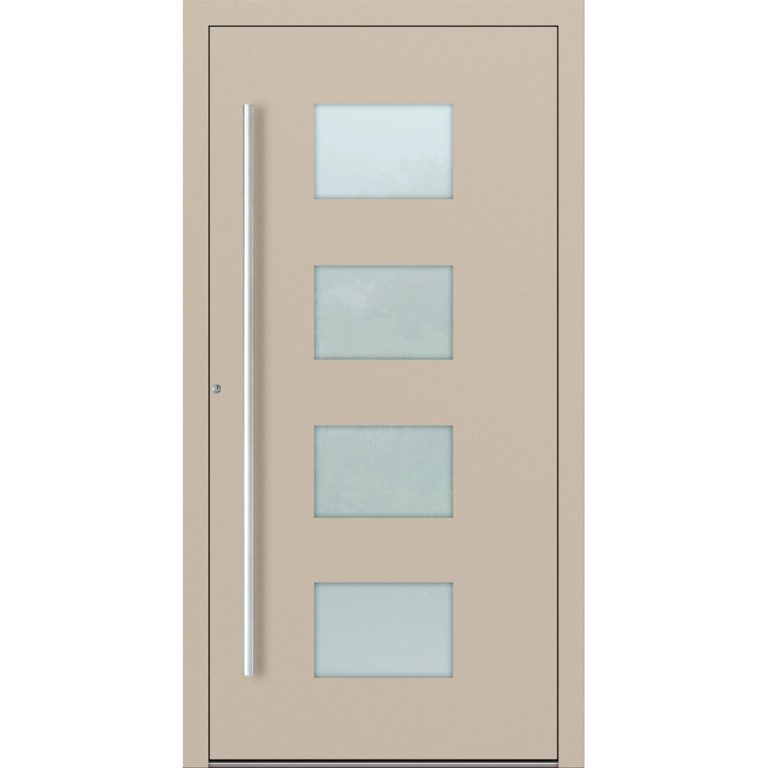 Aluminium-Haustür Feldmann und Mayer P90 und SL75 Design M211 in Elfenbein mit Glaseinsätzen und silbernen Griffen