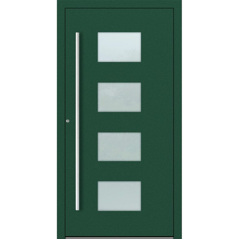 Aluminium-Haustür Feldmann und Mayer P90 und SL75 Design M211 in Moosgrün mit Glaseinsätzen und silbernen Griffen