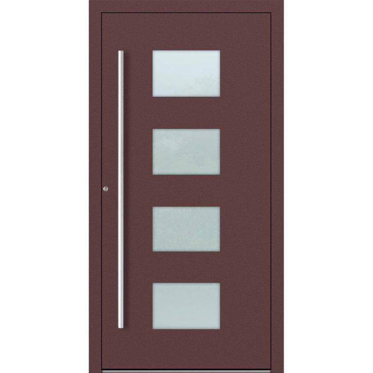 Aluminium-Haustür Feldmann und Mayer P90 und SL75 Design M211 in Rotbraun mit Glaseinsätzen und silbernen Griffen
