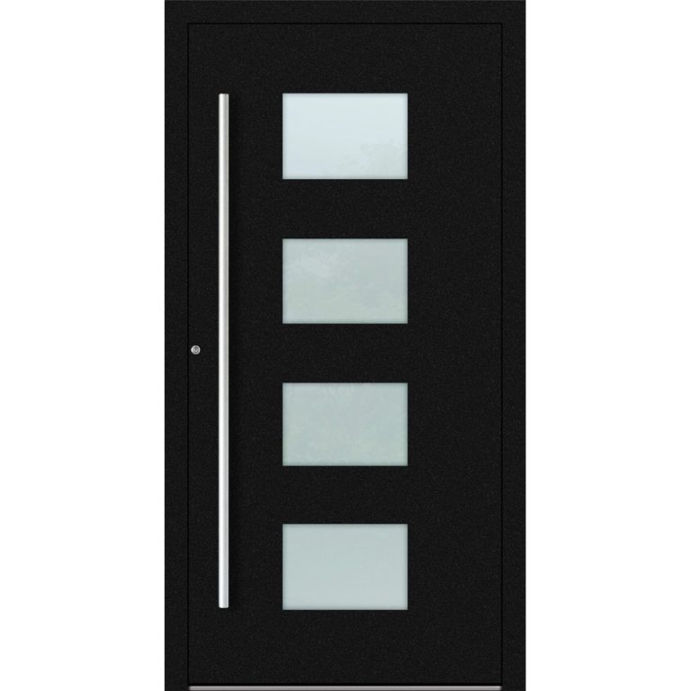 Aluminium-Haustür Feldmann und Mayer P90 und SL75 Design M211 in Schwarz mit Glaseinsätzen und silbernen Griffen