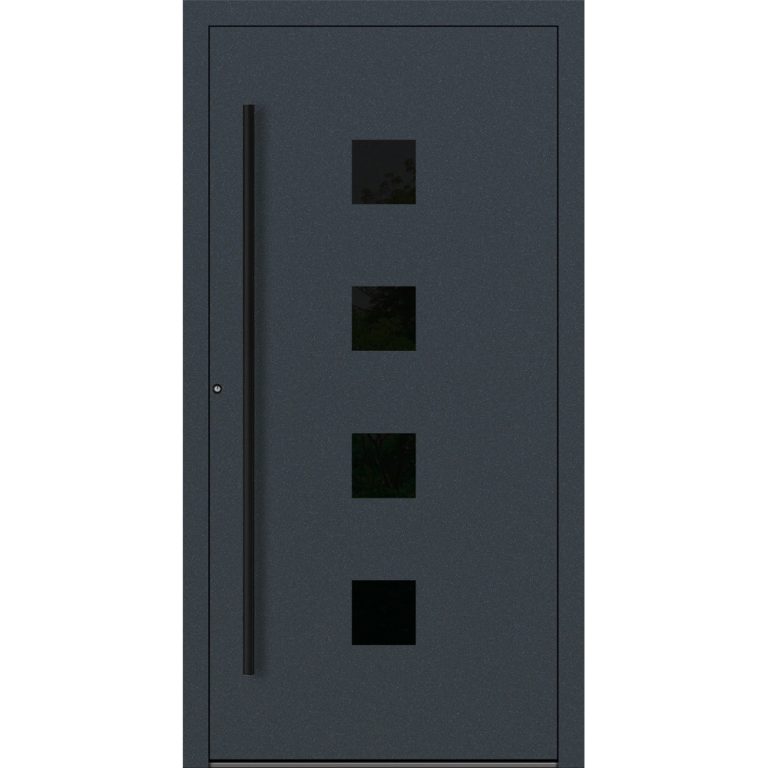 Aluminium-Haustür Feldmann und Mayer P90 und SL75 Design Blackline RC2 M23 in Anthrazit RAL7016 mit Glaseinsatz und schwarzen Griffen