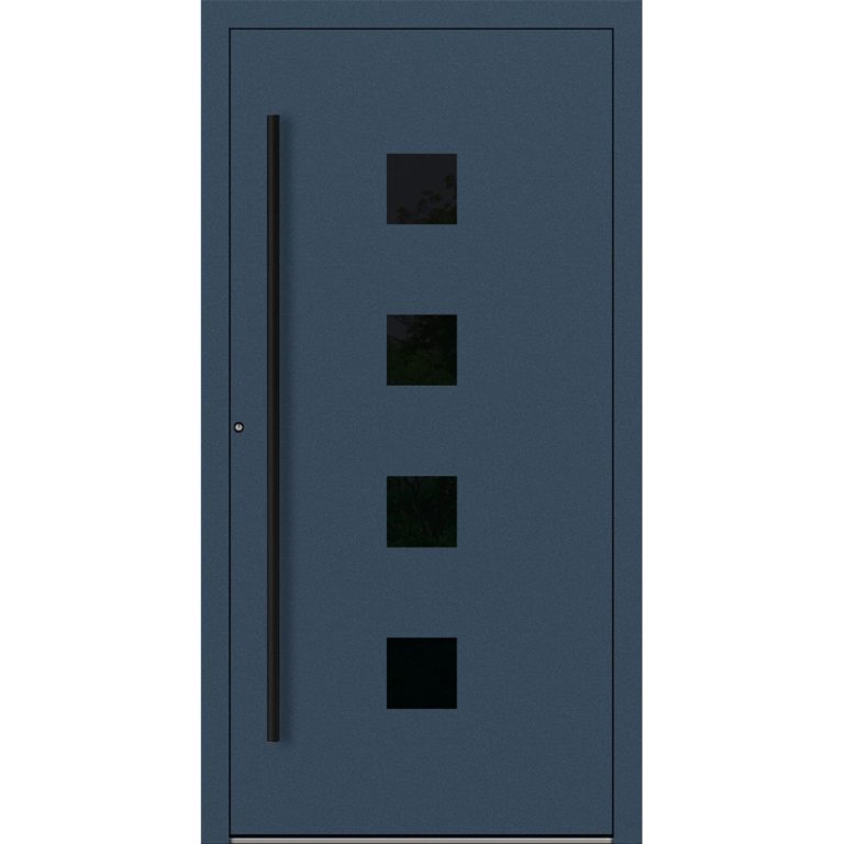 Aluminium-Haustür Feldmann und Mayer P90 und SL75 Design Blackline RC2 M23 in Dunkelblau mit Glaseinsatz und schwarzen Griffen