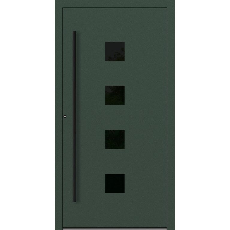 Aluminium-Haustür Feldmann und Mayer P90 und SL75 Design Blackline RC2 M23 in Tannengrün mit Glaseinsatz und schwarzen Griffen