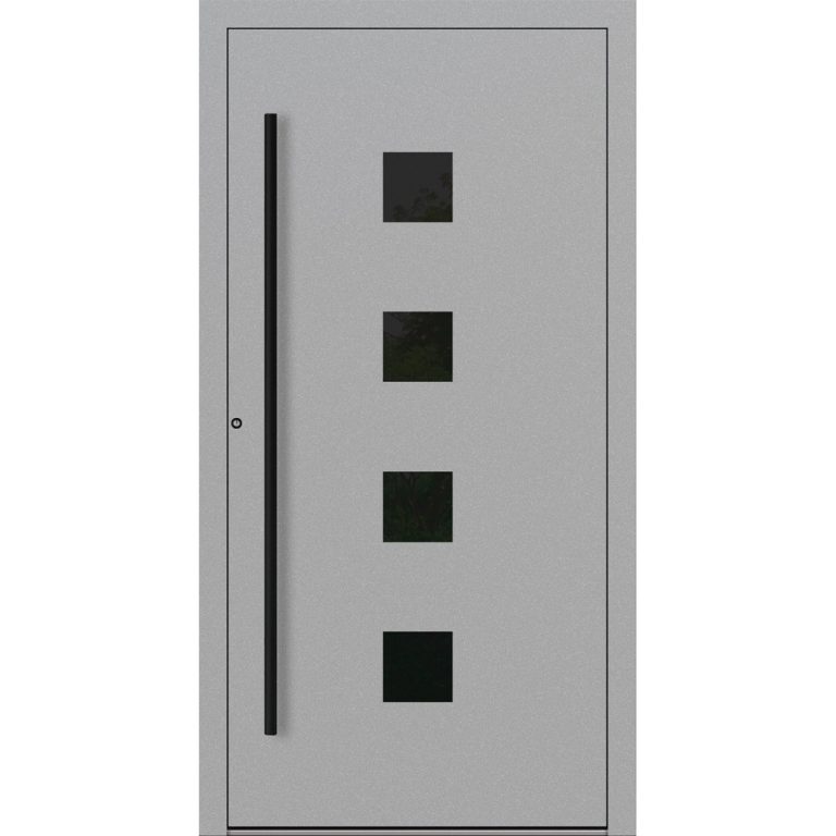 Aluminium-Haustür Feldmann und Mayer P90 und SL75 Design Blackline RC2 M23 in Grau mit Glaseinsatz und schwarzen Griffen