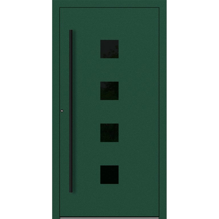 Aluminium-Haustür Feldmann und Mayer P90 und SL75 Design Blackline RC2 M23 in Mossgrün mit Glaseinsatz und schwarzen Griffen
