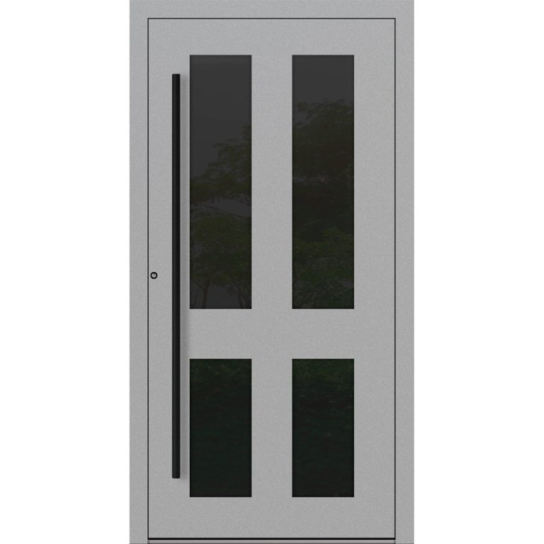 Aluminium-Haustür Feldmann und Mayer P90 und SL75 Design Blackline RC2 M29 in Grau mit vier Glaseinsätzen