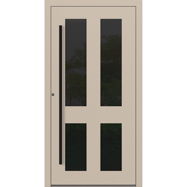 Aluminium-Haustür Feldmann und Mayer P90 und SL75 Design Blackline RC2 M29 in Elfenbein mit vier Glaseinsätzen