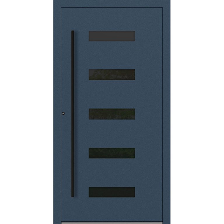 Aluminium-Haustür Feldmann und Mayer P90 und SL75 Design BLackline RC2 M31 in Dunkelblau mit fünf Glaseinsätzen