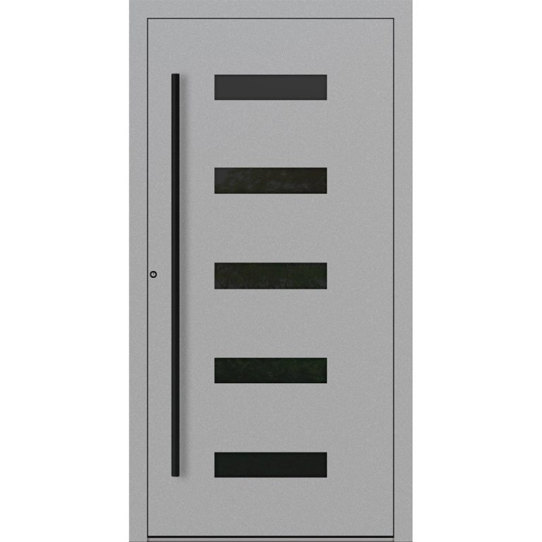 Aluminium-Haustür Feldmann und Mayer P90 und SL75 Design BLackline RC2 M31 in Grau mit fünf Glaseinsätzen