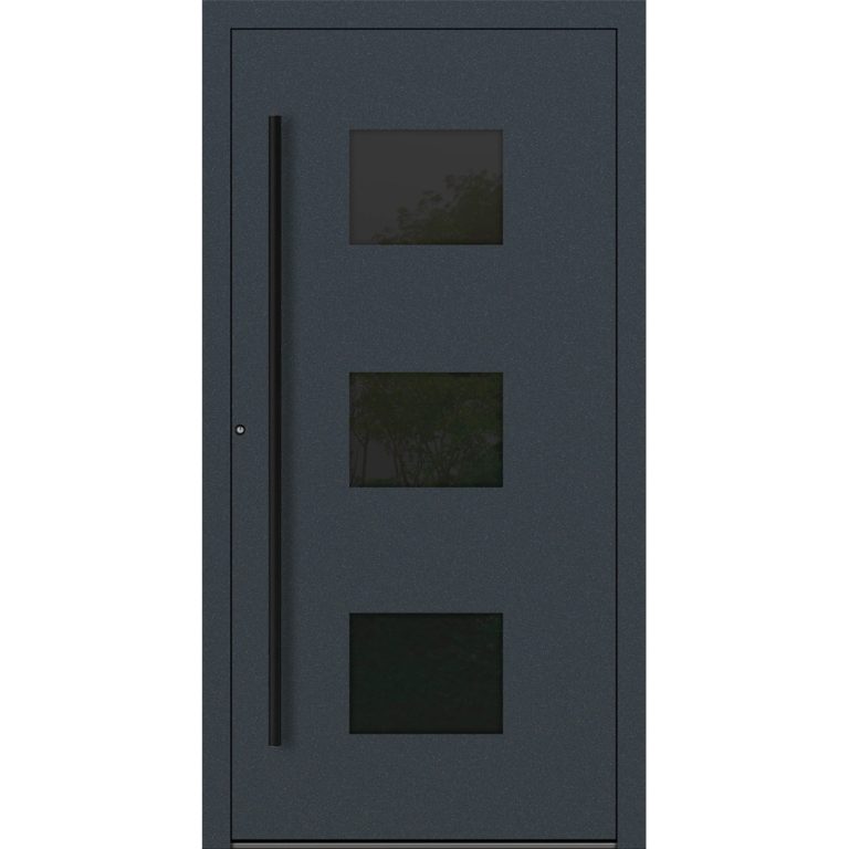 Aluminium-Haustür Feldmann und Mayer P90 und SL75 Design Blackline RC2 M310 mit drei Glaseinsätzen in Anthrazit RAL7016