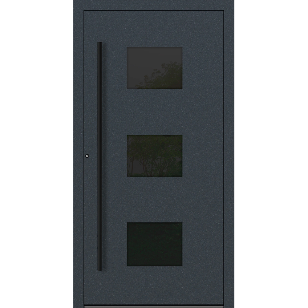 Aluminium-Haustür Feldmann und Mayer P90 und SL75 Design Blackline RC2 M310 mit drei Glaseinsätzen in Anthrazit RAL7016