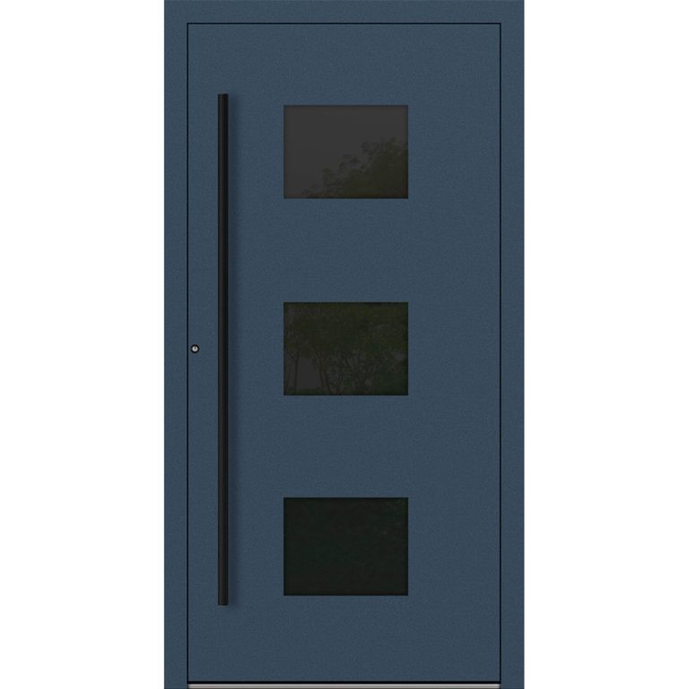 Aluminium-Haustür Feldmann und Mayer P90 und SL75 Design Blackline RC2 M310 mit drei Glaseinsätzen in Dunkelblau