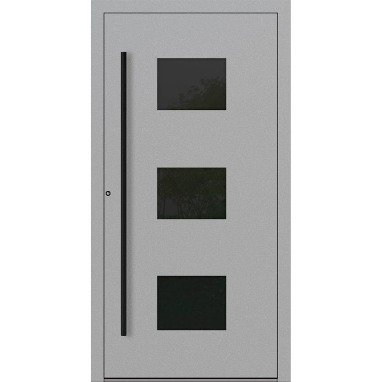 Aluminium-Haustür Feldmann und Mayer P90 und SL75 Design Blackline RC2 M310 mit drei Glaseinsätzen in Grau