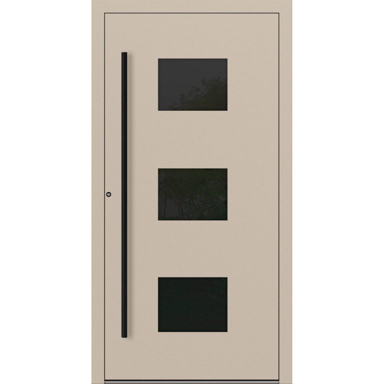 Aluminium-Haustür Feldmann und Mayer P90 und SL75 Design Blackline RC2 M310 mit drei Glaseinsätzen in Elfenbein