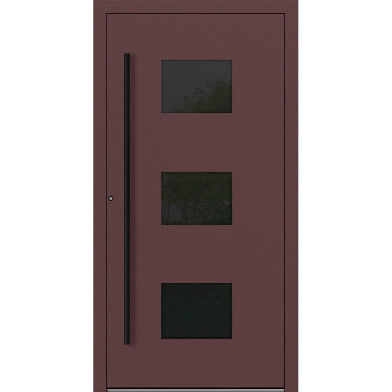Aluminium-Haustür Feldmann und Mayer P90 und SL75 Design Blackline RC2 M310 mit drei Glaseinsätzen in Rotbraun