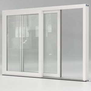 Baie levante-coulissante Schüco LivingSlide en PVC blanc avec de grandes surfaces vitrées, vue intérieure