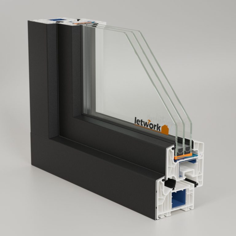 Schueco 82MD Kunststoff Aluminium Musterecke mit Anthrazit Deckschale