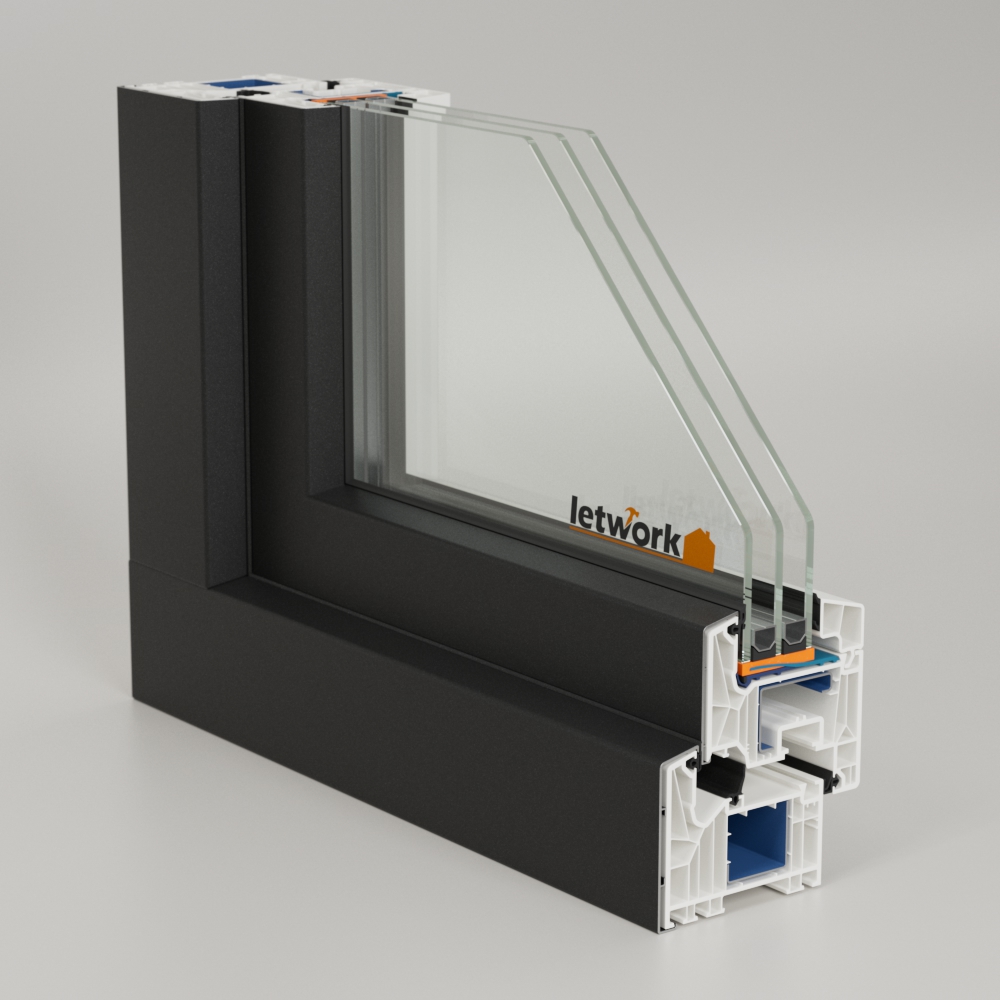 Schueco 82MD Kunststoff Aluminium Musterecke mit Anthrazit Deckschale