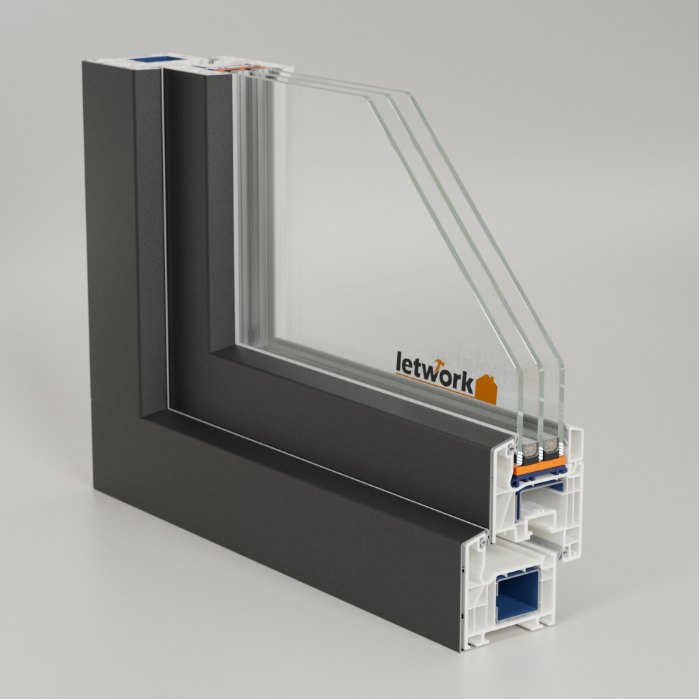 Kunststoff-Aluminium-Fenster Schüco CT 70 mit weißem Kunststoffprofil und Aludeckschale in Anthrazit
