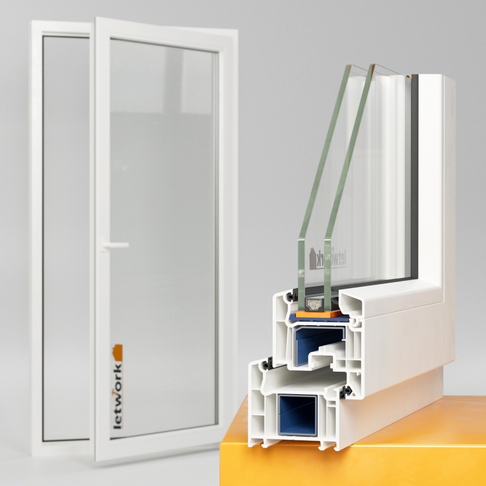 Veka Softline 70 AD Balkontür aus Kunststoff. Im Hintergrund steht eine geöffnete Balkontür, im Vordergrund befindet sich eine Nahaufnahme des Rahmenprofils