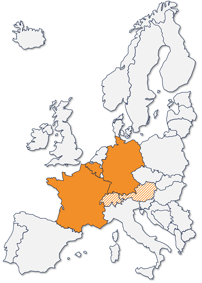 Eine Europakarte, auf der Deutschland, Belgien, Frankreich, Schweiz und Österreich orange eingefärbt sind, um zu zeigen, dass Letwork in diesen Ländern aktiv ist